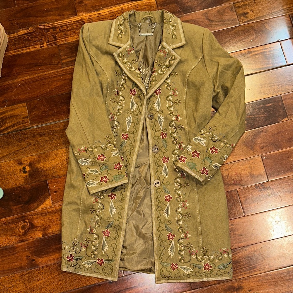 Embroidered Olive Green Long Coat